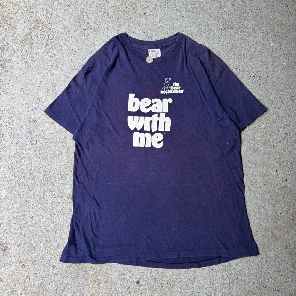 Vintage 70s Hanes Bear With Me T-Shirt XL Single Stitch Made in USA Navy Purple